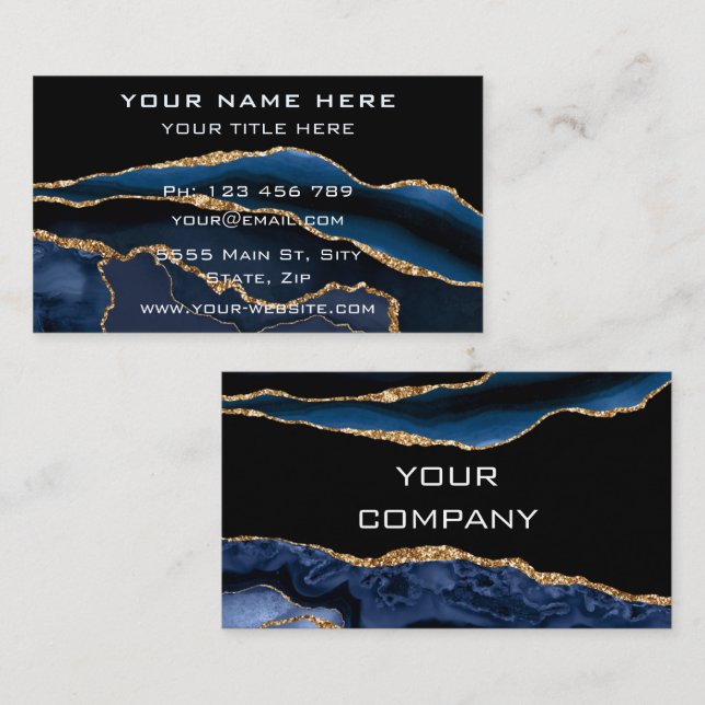 Agate Navy Blue Gold Marble Luxury Business Card Visitenkarte (Vorne/Hinten)