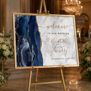Agate Navy Blue Gold Marmor Hochzeit Begrüßung Poster