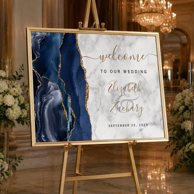 Agate Navy Blue Gold Marmor Hochzeit Begrüßung Poster (Von Creator hochgeladen)