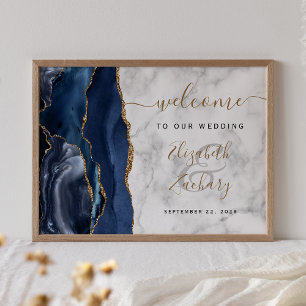 Agate Navy Blue Gold Marmor Hochzeit Begrüßung Poster