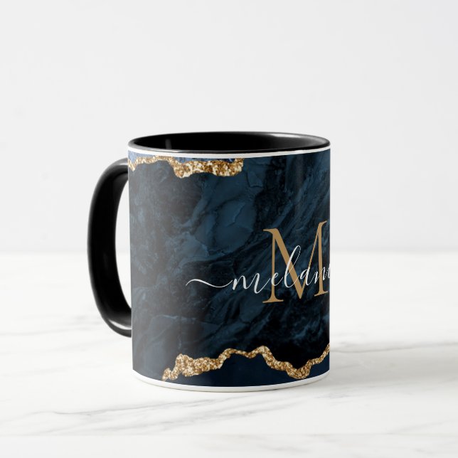 Agate Navy Blue Gold Marmor Ihr Name Letter Tasse (Vorderseite Links)