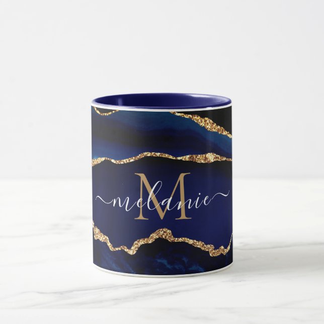 Agate Navy Blue Gold Marmor Ihr Name Letter Tasse (Zentrum)