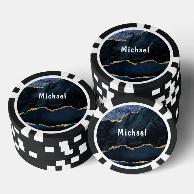 Agate Navy Blue Gold Marmor Ihr Name Poker Chips (Stapel)