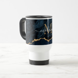 Agate Navy Blue Gold Marmor Ihr Name Travel Mug Reisebecher