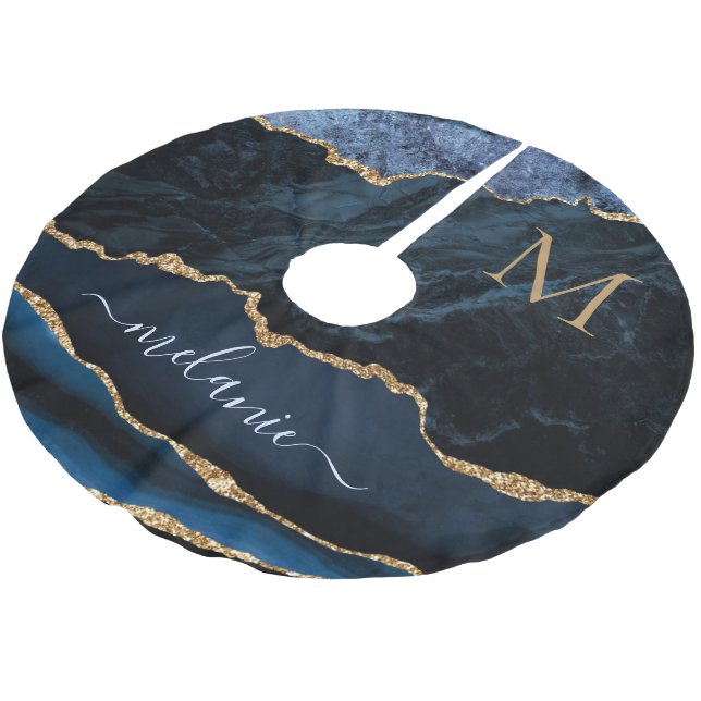 Agate Navy Blue Gold Marmor Ihr Name Tree Skirt Polyester Weihnachtsbaumdecke (Schrägansicht)