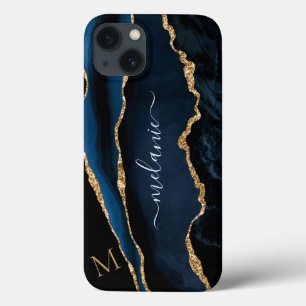Agate Navy Blue Gold Marmor Monogram iPhone Case