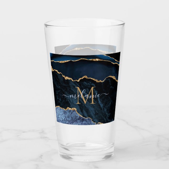 Agate Navy Blue Gold Marmor Monogram Name Glass Glas (Vorderseite)