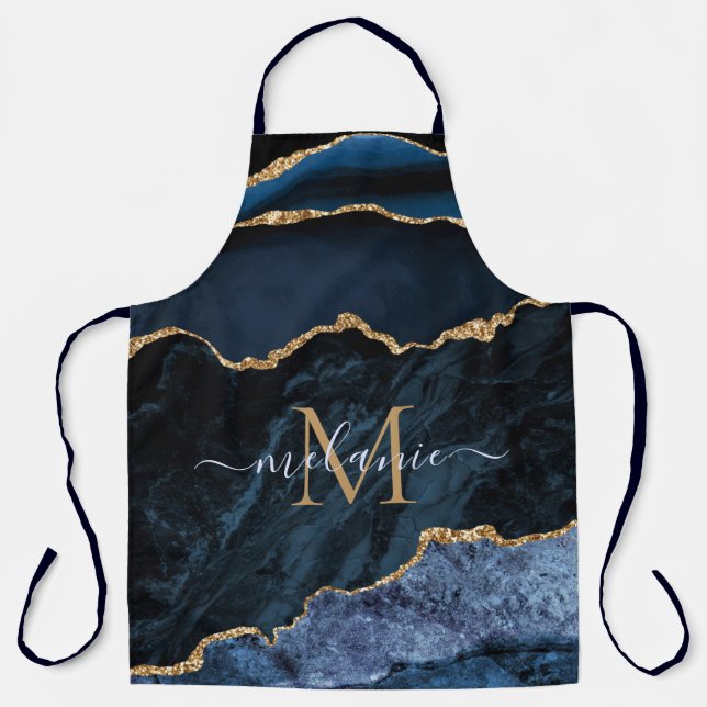 Agate Navy Blue Gold Marmor Monogram Name Schürze (Vorderseite)