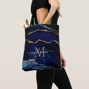 Agate Navy Blue Gold Marmorname Letter Tote Bag