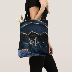 Agate Navy Blue Gold Marmorname Letter Tote Bag