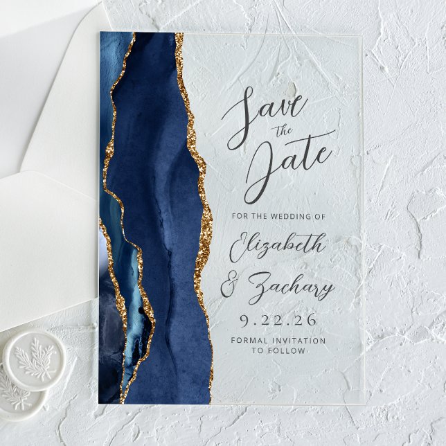 Agate Navy Blue Gold Moderne Script Hochzeit Acryleinladungen (Von Creator hochgeladen)