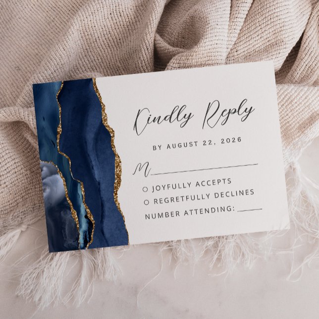 Agate Navy Blue Gold Moderne Script Hochzeit RSVP Karte (Von Creator hochgeladen)