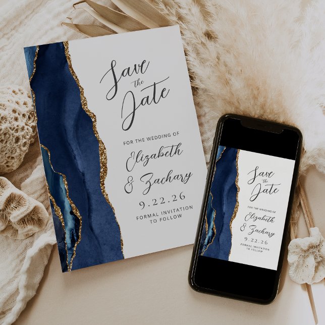 Agate Navy Blue Gold Moderne Script Hochzeit Save The Date (Von Creator hochgeladen)