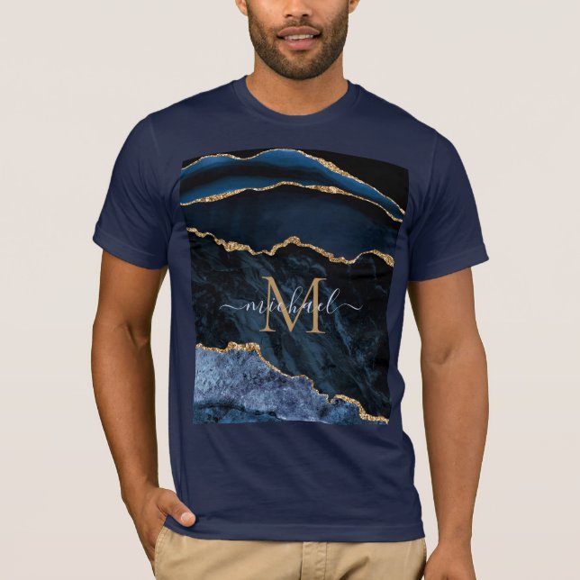 Agate Navy Blue Gold Moderner T - Shirt - Monogram (Vorderseite)