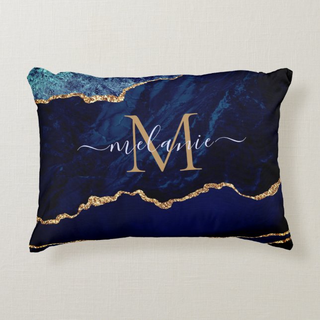 Agate Navy Blue Gold Name Letter Akzent Pillow Dekokissen (Vorderseite)