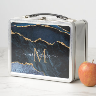 Agate Navy Blue Gold Name Letter Metal Lunch Box