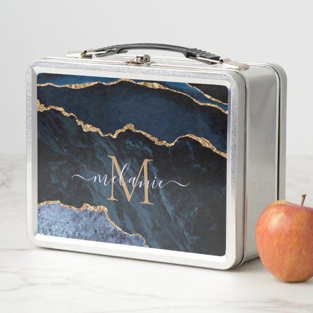 Agate Navy Blue Gold Name Letter Metal Lunch Box (Beispiel)