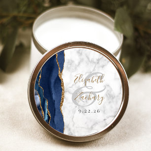 Agate Navy Blue Gold Script Marmorhochzeit Runder Aufkleber