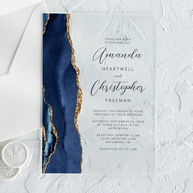 Agate Navy Blue Gold Script Wedding Acryleinladungen (Von Creator hochgeladen)