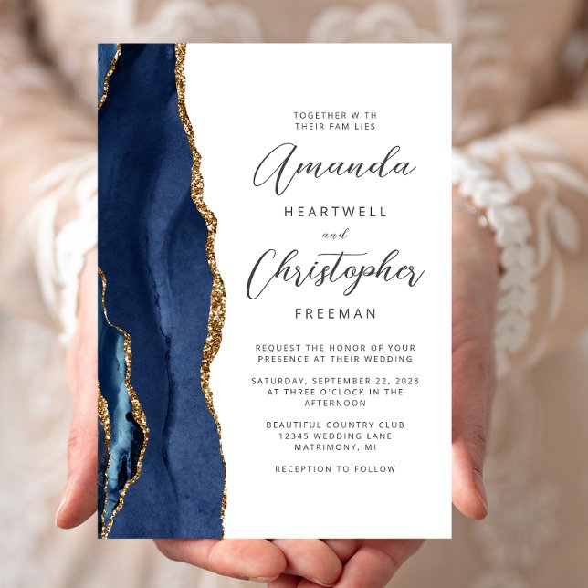 Agate Navy Blue Gold Script Wedding Einladung (Von Creator hochgeladen)