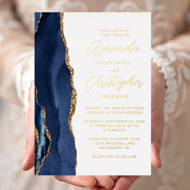 Agate Navy Blue Gold Script Wedding Folieneinladung (Von Creator hochgeladen)
