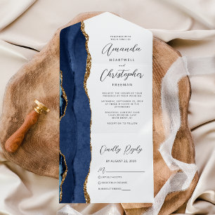 Agate Navy Blue Gold Wedding All In One Einladung