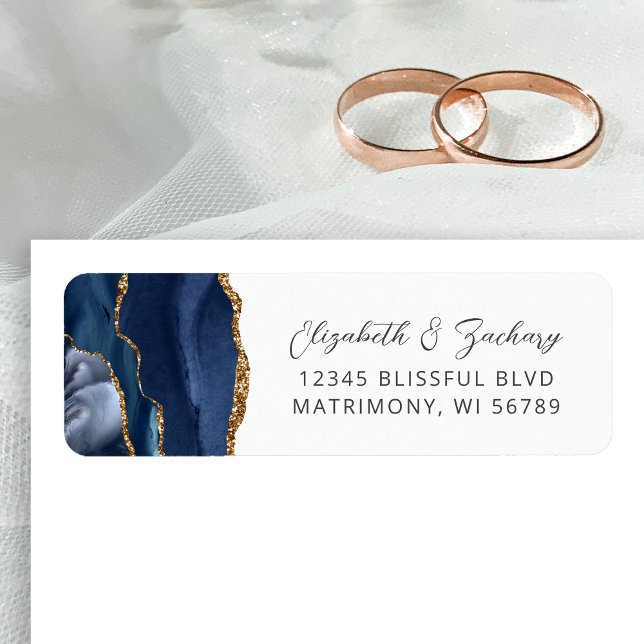Agate Navy Blue Gold Wedding Rücksendeadresse (Von Creator hochgeladen)