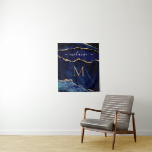 Agate Navy Blue Marble Tapestry Individuelle Name  Wandteppich