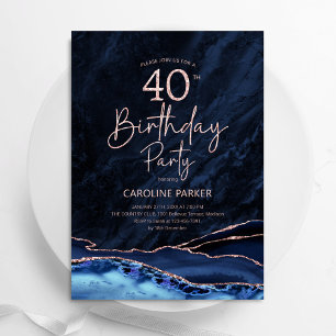 Agate Navy Blue Rose Gold 40. Geburtstag Einladung