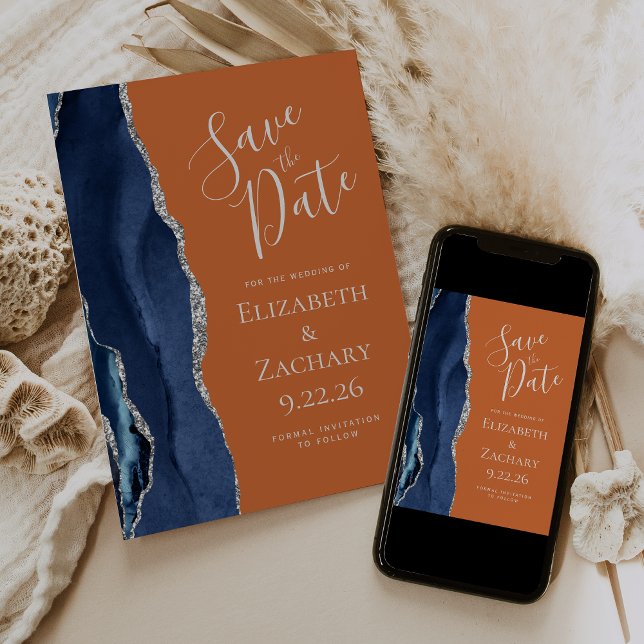 Agate Navy Blue Silver Burnt Orange Save the Date Einladung (Von Creator hochgeladen)