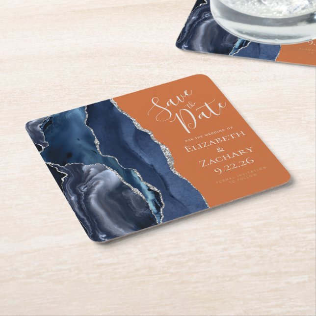 Agate Navy Blue Silver Burnt Orange Save the Date Rechteckiger Pappuntersetzer (angewinkelt)
