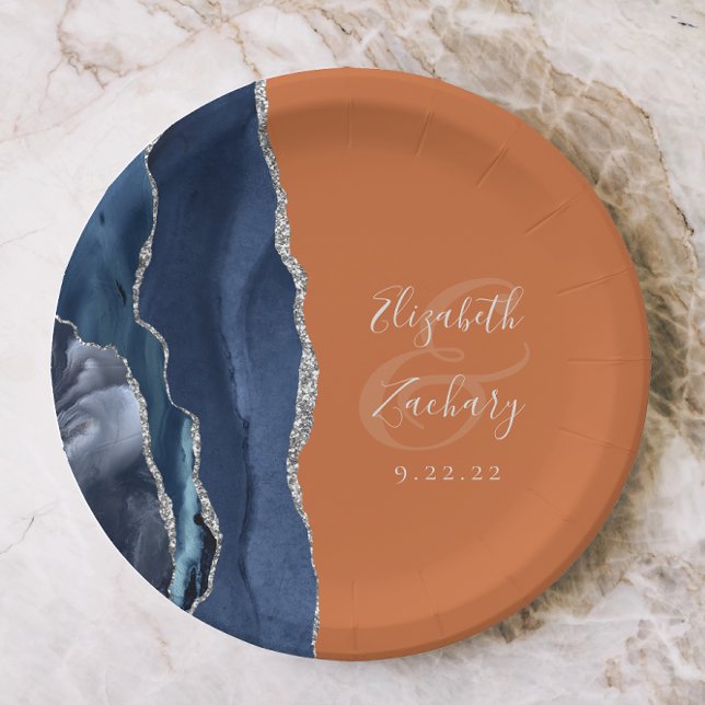 Agate Navy Blue Silver Burnt Orange Wedding Pappteller (Von Creator hochgeladen)