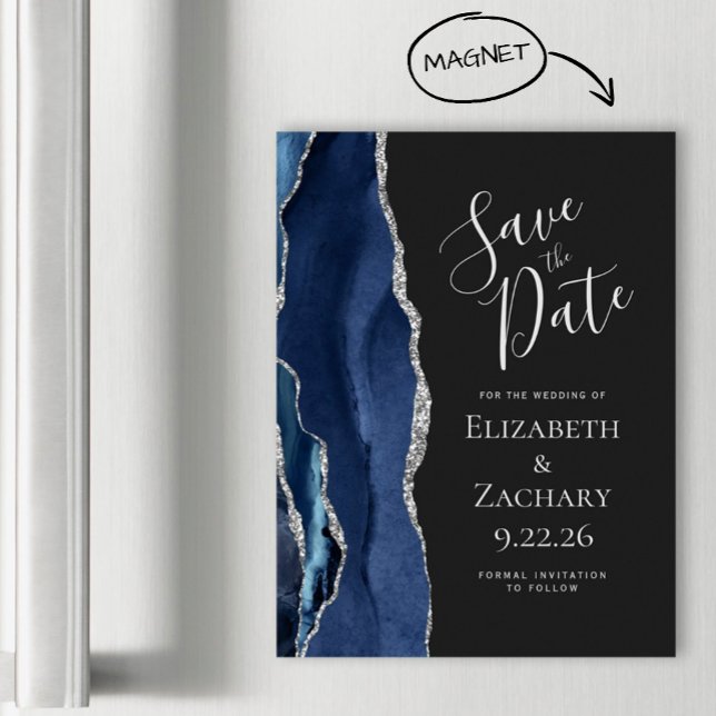 Agate Navy Blue Silver Dark Magnetic Save the Date Magnetkarte (Von Creator hochgeladen)