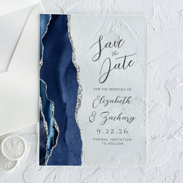 Agate Navy Blue Silver Modern Script Wedding Acryleinladungen (Von Creator hochgeladen)