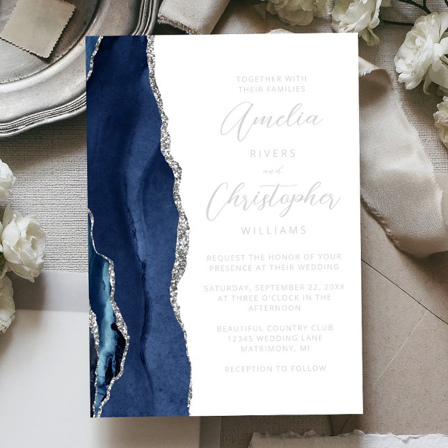 Agate Navy Blue Silver Modern Script Wedding Folieneinladung (Von Creator hochgeladen)