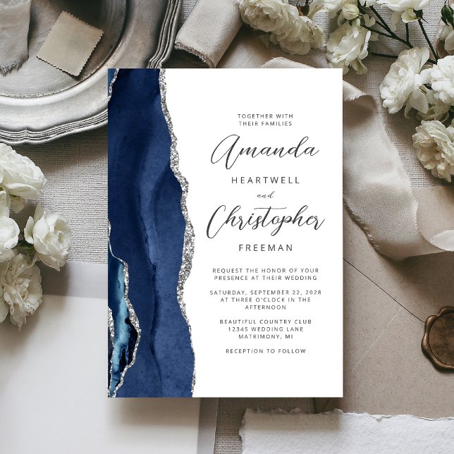 Agate Navy Blue Silver Script Wedding Einladung (Von Creator hochgeladen)