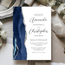 Agate Navy Blue Silver Script Wedding