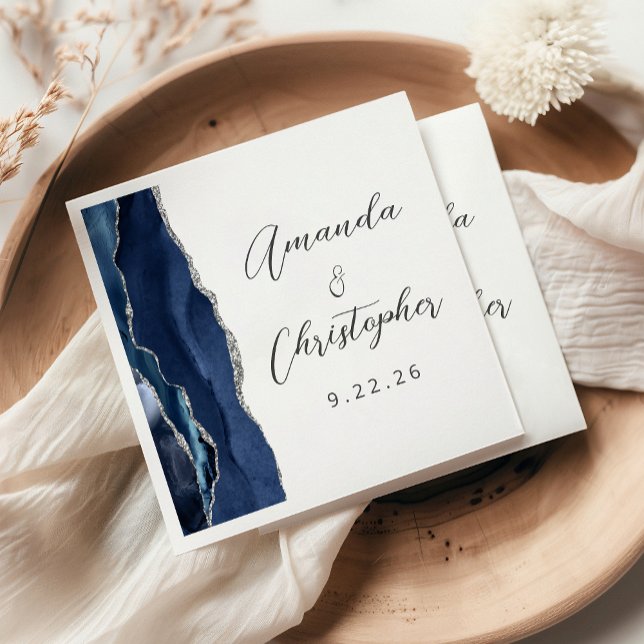 Agate Navy Blue Silver Script Wedding Serviette (Von Creator hochgeladen)