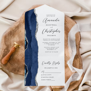 Agate Navy Blue Silver Wedding All In One Einladung