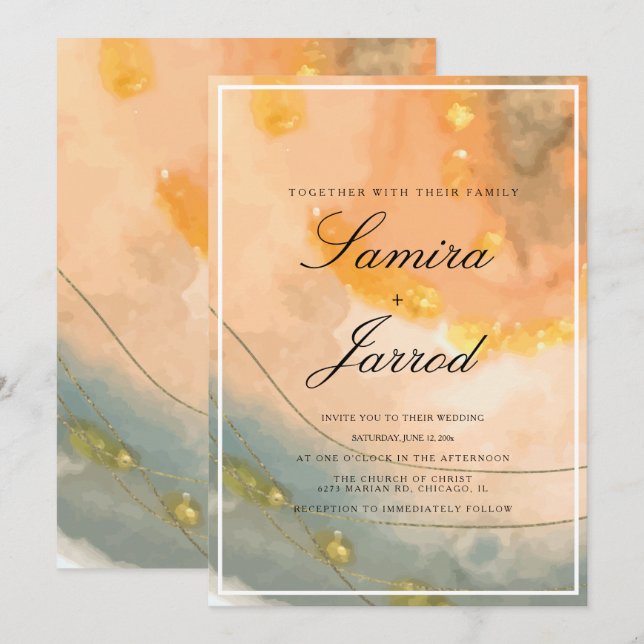 Agate Peach Hand Wasserfarbe und Imitate Goldhochz Einladung (Vorne/Hinten)