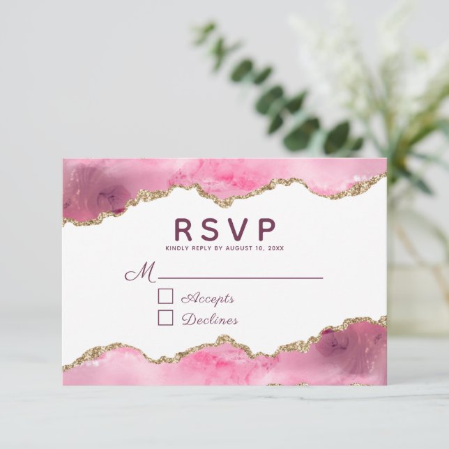 Agate Pink Burgundy Gold Glitzer Geode Wedding RSVP Karte (Stehend Vorderseite)