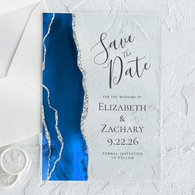 Agate Royal Blue Silver Wedding Save the Date Acryleinladungen (Von Creator hochgeladen)