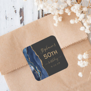 Agate Schrift Navy Blau Gold Dunkel 50. Geburtstag Quadratischer Aufkleber