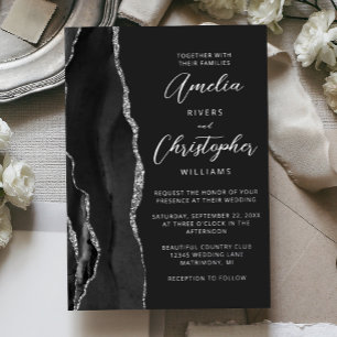 Agate Schwarz Silber Schrift Dunkle Hochzeit Folieneinladung