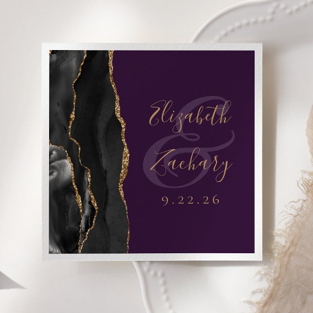 Agate Script Black Gold Deep Lila Hochzeit Serviette (Von Creator hochgeladen)