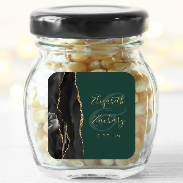 Agate Script Black Gold Smarald Green Wedding Quadratischer Aufkleber (Von Creator hochgeladen)