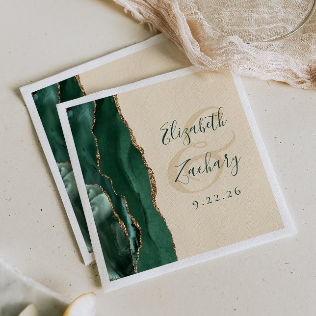 Agate Script Emerald Green Gold Champagne Wedding Serviette (Von Creator hochgeladen)