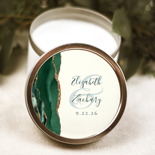 Agate Script Emerald Green Gold Ivory Wedding Runder Aufkleber (Von Creator hochgeladen)