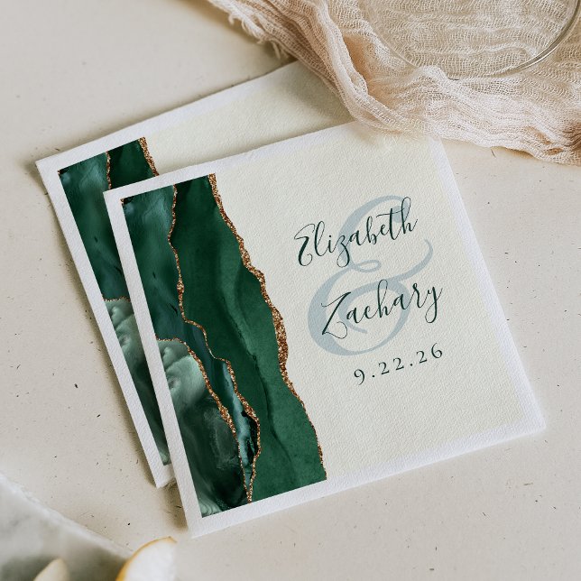 Agate Script Emerald Green Gold Ivory Wedding Serviette (Von Creator hochgeladen)