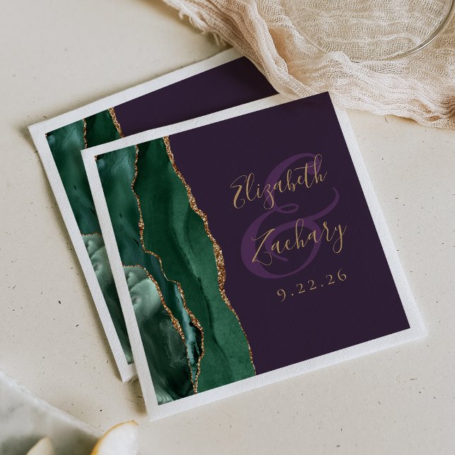Agate Script Emerald Green Gold Lila Hochzeit Serviette (Von Creator hochgeladen)